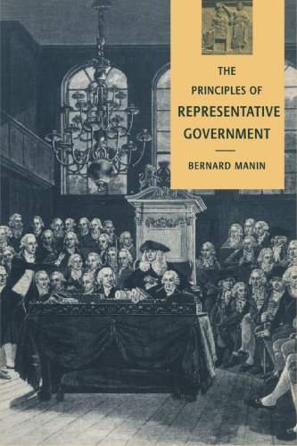 Book cover with historical illustration and title "The Principles of Representative Government" by Bernard Manin.