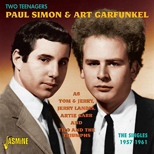 "CD cover featuring Paul Simon and Art Garfunkel in suits, with text overlay."