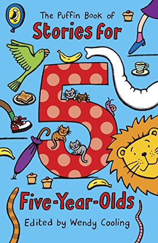 "The Puffin Book of Stories for 5 year olds" cover with cartoon characters on blue background.