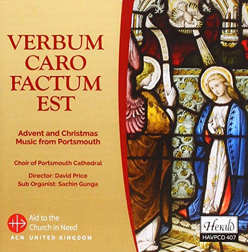 "CD cover featuring stained-glass image of Mary and angel, with red and beige design."