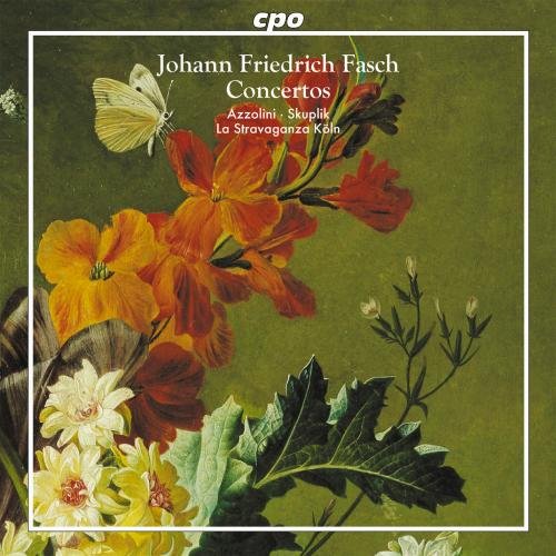 "CD cover with floral painting, white border, and text 'Johann Friedrich Fasch Concertos'."