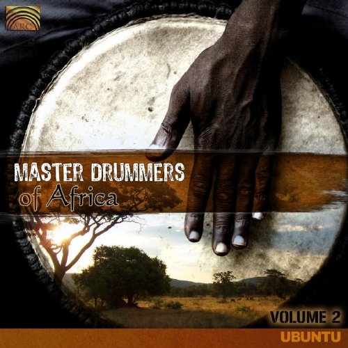 "Album cover with a hand on a drum, savannah landscape, and 'Master Drummers of Africa' text."