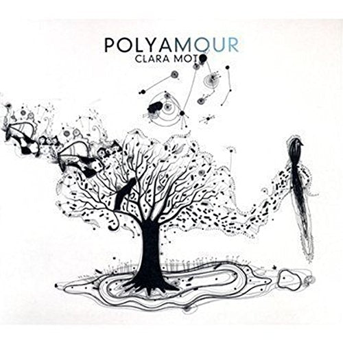 "Album cover with a black tree illustration and abstract designs on a white background."