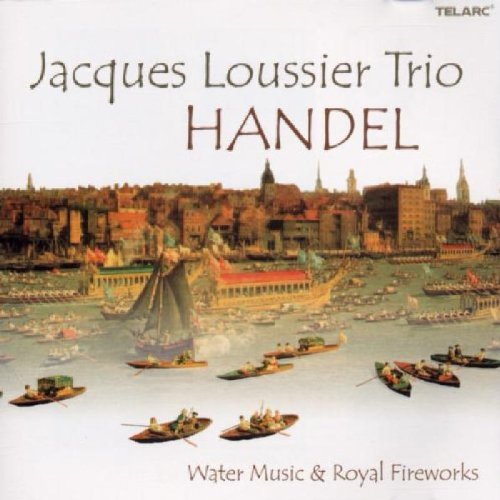 The alt text for the image is: "A CD cover featuring a 18th-century style painting of a river scene with boats, titled 'Water Music & Royal Fireworks' by Handel, performed by Jacques Loussier Trio." This concise description captures the main elements of the image, including the CD cover, the 18th-century style painting, and the title of the music.