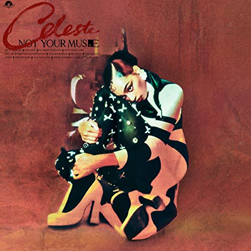 Album cover featuring a woman crouched, wearing black dress and high heels, on red background.