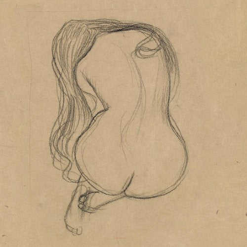 Pencil sketch of a nude woman crouching with long hair on beige paper.