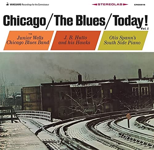 Vinyl record cover: "Chicago/The Blues/Today!" with winter cityscape.