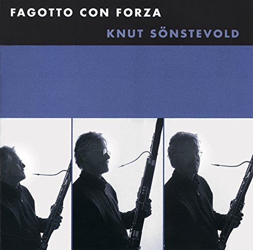 "Album cover with three men holding bassoons, blue and black design."