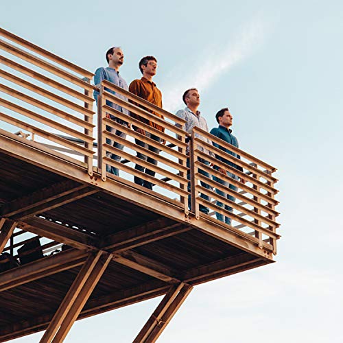 The image depicts a group of four men standing on a raised wooden platform. Here is a detailed description of the image: * The platform is made of wood and has a railing around it. * Four men are standing on the platform, all facing the same direction. * The men are dressed in casual clothing, with one wearing a blue shirt, one wearing an orange shirt, one wearing a white shirt, and one wearing a teal shirt. * The background of the image is a light