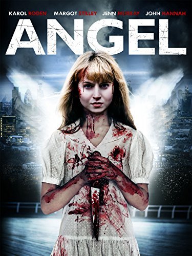 DVD cover featuring a girl in a bloody white dress holding a knife, dark cityscape.