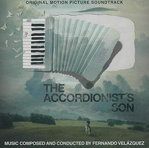 The image is a soundtrack cover for "The Accordionist's Son". * The title of the soundtrack is written in large, bold letters across the center of the image. * The background of the image is a serene landscape with a field and trees. * The overall design suggests a peaceful and nostalgic atmosphere. The image is an album cover for the soundtrack of a film titled "The Accordionist's Son". The cover art features a haunting image of a man riding a horse in