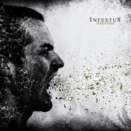 Black and white album cover with a man's shattered profile and debris.