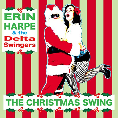 "Album cover featuring Santa holding a pin-up woman, red and green striped background."