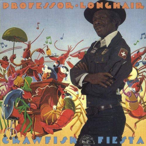 Vinyl album cover featuring a man surrounded by dancing cartoon crawfish.