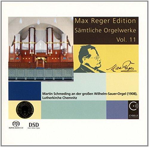 "CD cover featuring a pipe organ, composer's portrait, and colorful geometric design."