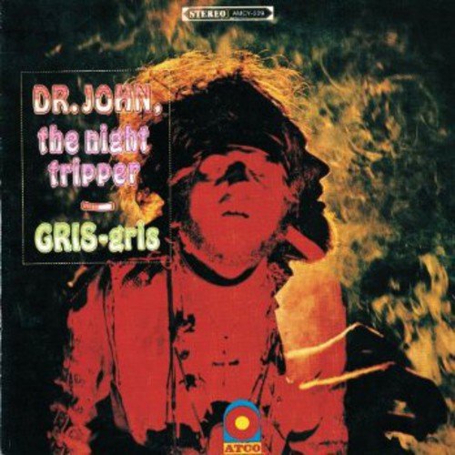 The image is a vinyl record cover for "Dr. John - Gris Gris". The alt text could be: "Vinyl record cover with a man surrounded by flames."