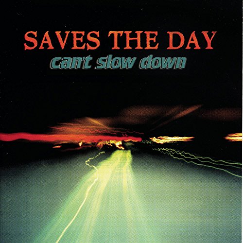 "Saves The Day album cover with road and headlights at dusk."