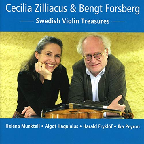 CD cover with a man and woman and a violin against a yellow background.