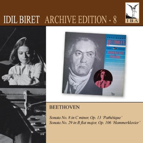 CD cover with pianist Idil Biret and Beethoven portrait, brown and beige background.