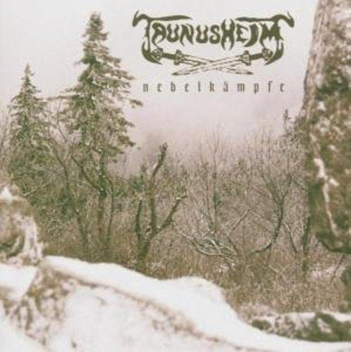 "Album cover with snowy forest scene and 'Taunusheim' logo, featuring crossed swords."