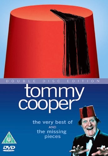 "Tommy Cooper DVD cover featuring a magician in a fez hat and magic trick."