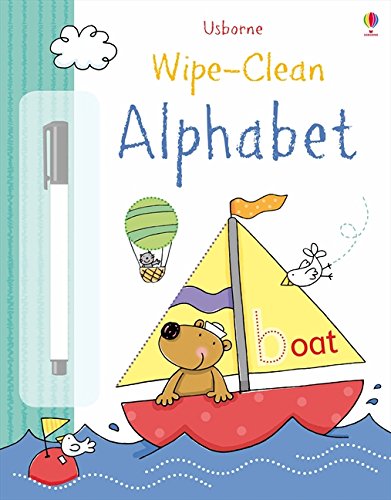 "Children's alphabet book cover with bear on sailboat and hot air balloon illustration."
