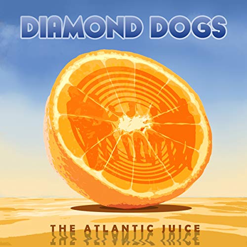 "Album cover featuring a cracked orange on a beach, with blue sky background."