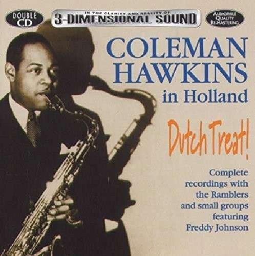 Coleman Hawkins playing saxophone on a beige CD cover with blue and orange text.