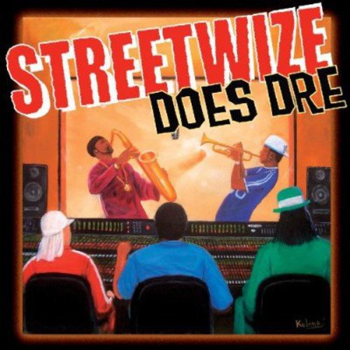 "Album cover art with 'STREETWIZE DOES DRE' text and cartoon musicians in a studio."