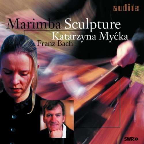 CD cover featuring a woman playing marimba with superimposed text and a small portrait.