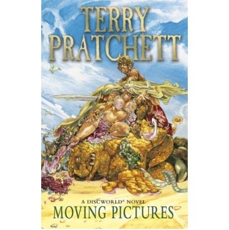 "Book cover of 'Moving Pictures' by Terry Pratchett, featuring a muscular man on a turtle."
