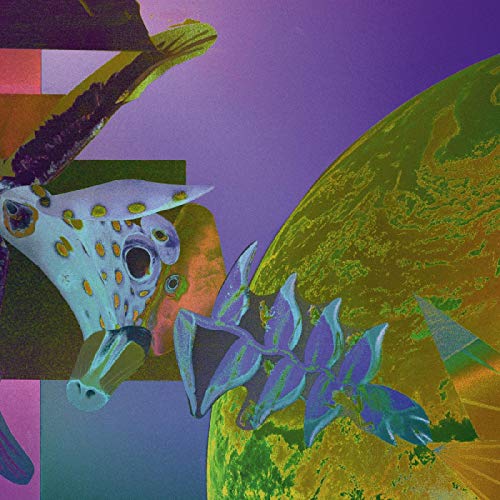 A colorful, abstract album cover featuring a cow skull and purple plants against a planet.