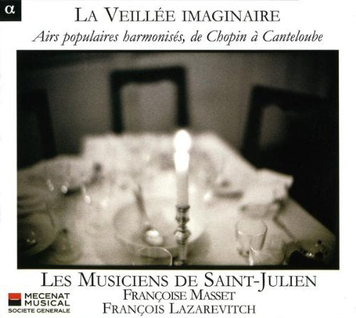 "CD cover with a black and white image of a candlelit dinner table."