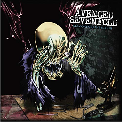 "Avenged Sevenfold album cover featuring a skeleton with a guitar on a workbench."