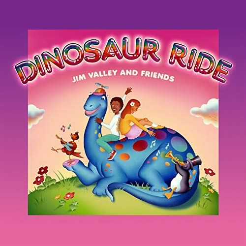 "Album cover featuring a blue dinosaur with children riding on its back."