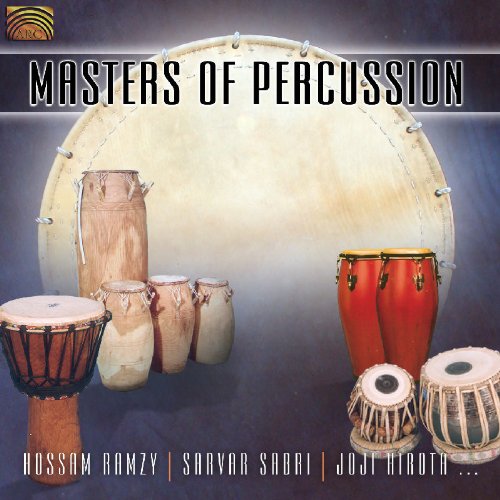 "CD cover featuring various percussion instruments, including drums and cymbals, with 'Masters of Percussion' text."