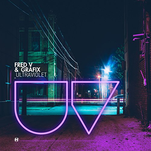 "Album cover with 'UV' in neon purple, dark alleyway background, and artist names."