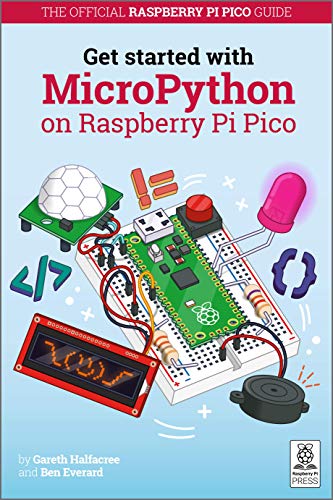 "Book cover with Raspberry Pi Pico circuit board and various electronic components on blue background."