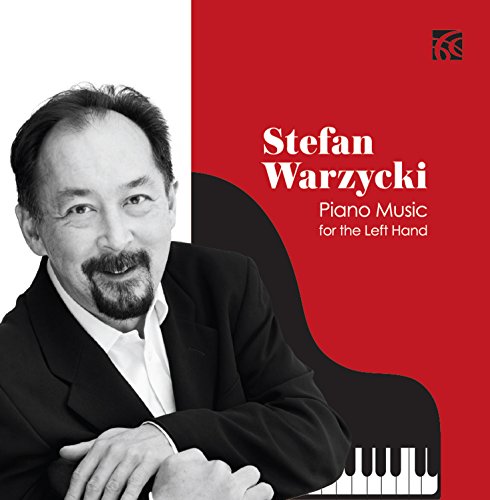"Album cover with black and white photo of man beside red piano graphic."