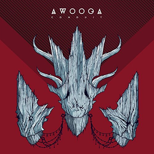 "Album cover art featuring a stylized, gray, horned mask on a red background."