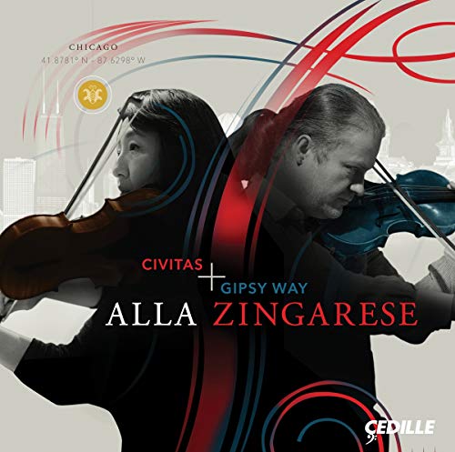 "CD cover featuring a man and woman playing violins together, with cityscape background."