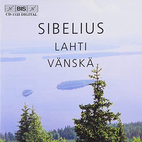 "CD cover with serene lake scene, trees, and misty background, featuring Sibelius' name prominently."