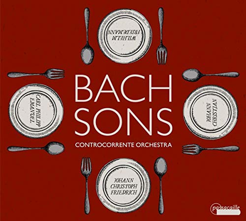 Red album cover with plates and cutlery surrounding "Bach Sons" in white text.