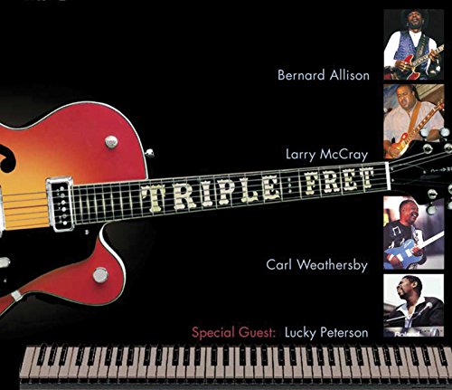 "CD cover with red guitar, piano keys, and four musicians' photos on black background."