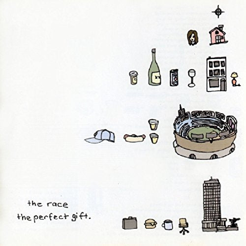 A CD cover with simple illustrations of various objects and a stadium on a white background.
