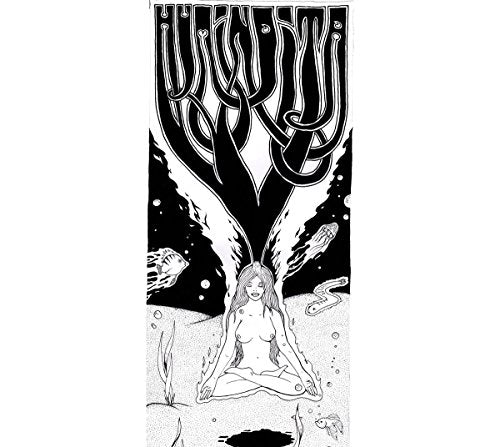 "Black and white album cover with illustration of a meditating woman and abstract design."
