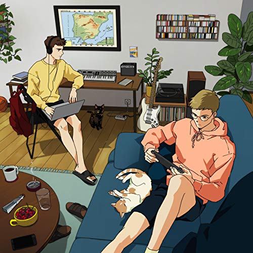 The image depicts a vinyl record cover featuring two men in a living room.