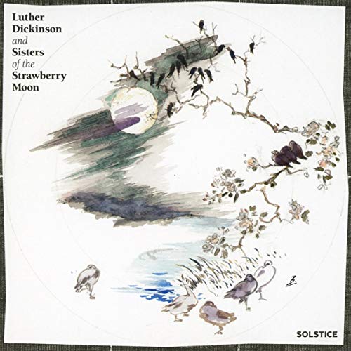 "Album cover with watercolor illustration of birds, moon, and branches on a white background."