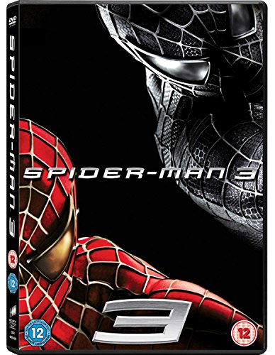 The image is a DVD cover for the movie "Spider-Man 3". The cover features a close-up of the main character, dressed in a red and black Spider-Man costume, with a black background. The title "Spider-Man 3" is prominently displayed in silver font at the bottom. A rating label in the bottom-right corner indicates that the film is rated 12. The overall design is sleek and eye-catching, effectively conveying the superhero theme of the movie. Alt text:
