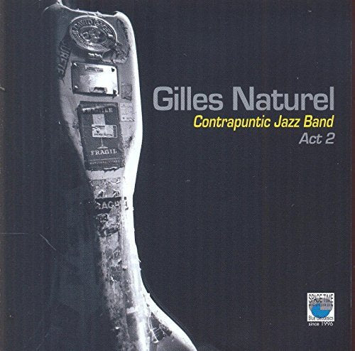 "CD cover with damaged guitar case and text 'Gilles Naturel Contrapuntic Jazz Band Act 2'."